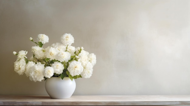 A vase of white flowers on a table