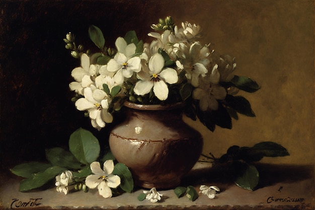 A vase of white flowers with green leaves and a green leaf on the bottom.