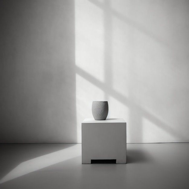 Vase on a white pedestal in front of a window