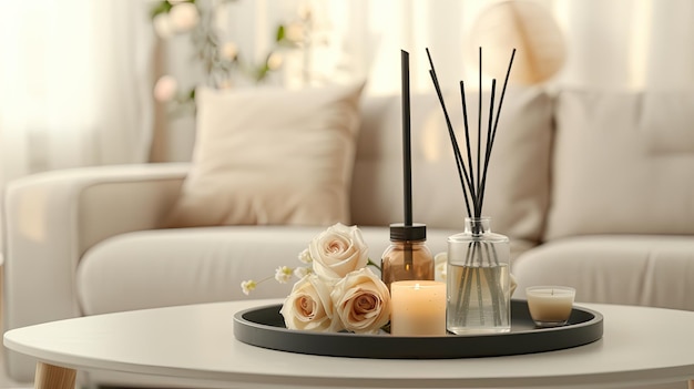 Photo a vase of white roses sits on a gold tray in front of two white candles and a diffuser on a glass coffee table the table is in front of a white couch with a patterned pillow