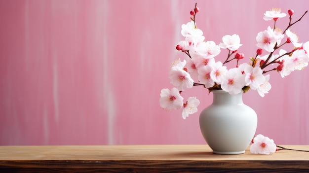 Vase with beautiful blooming sakura branches on table against color background Generative AI