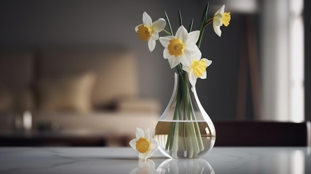 Vase with beautiful daffodils on table in living roomgenerative ai