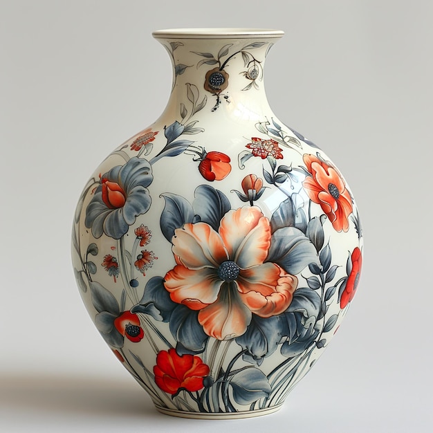 a vase with a blue and red flower on it