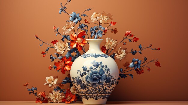 Photo a vase with a blue and white flower on it is sitting on a table