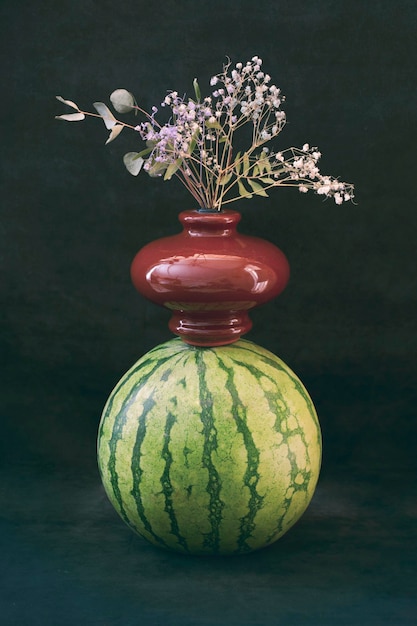 Vase with a bouquet of flowers on a ripe watermelon