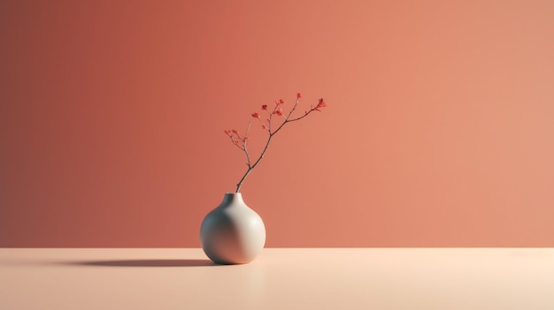 A vase with a branch of red berries is on a table.