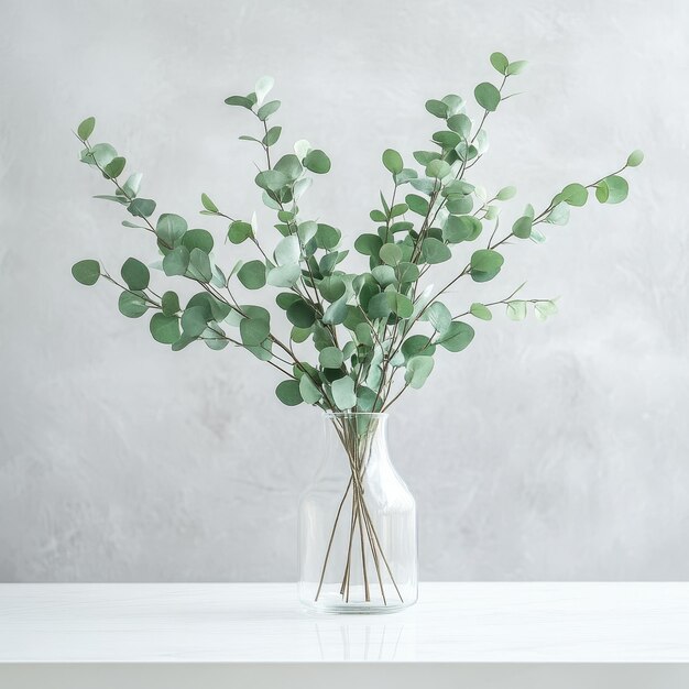 Photo a vase with a bunch of green leaves and a white background