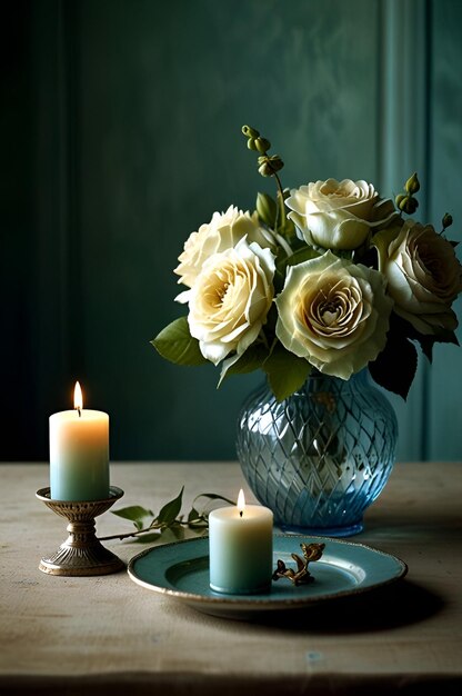 Photo a vase with a candle and a candle on a table