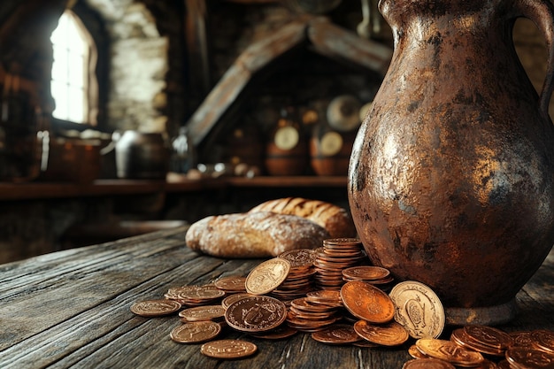 Photo a vase with coins on it and a pile of coins on the table