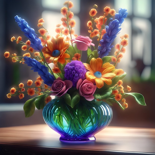 a vase with colorful flowers in it on a table generative ai