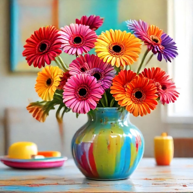 a vase with colorful flowers on a table and a painting on the wall