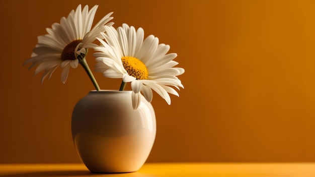 A vase with daisies on it is on a table.