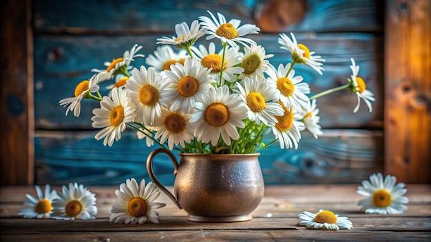 a vase with daisies and a small bottle of milk