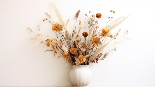 Vase with decorative dry plant branch against beige wall background Minimalist interior mockup Generative AI