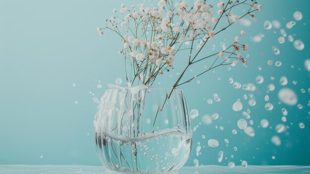 Photo vase with delicate white flowers and water bubbles floating in a serene blue background