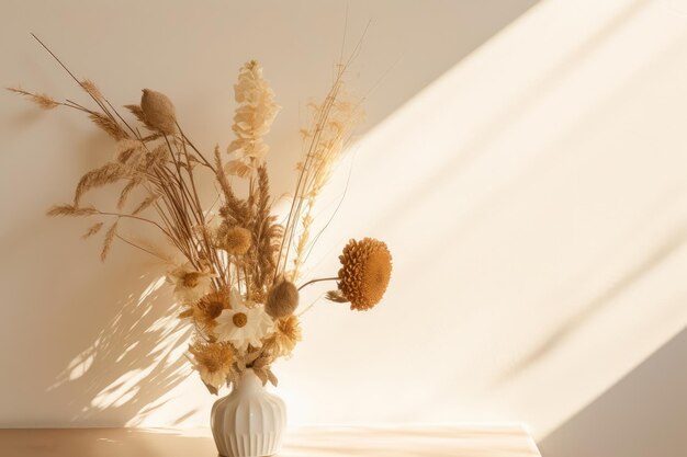 A vase with dried flowers on a table