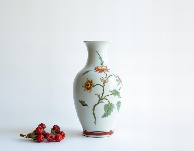 Photo a vase with a flower design on it and a strawberry on the bottom