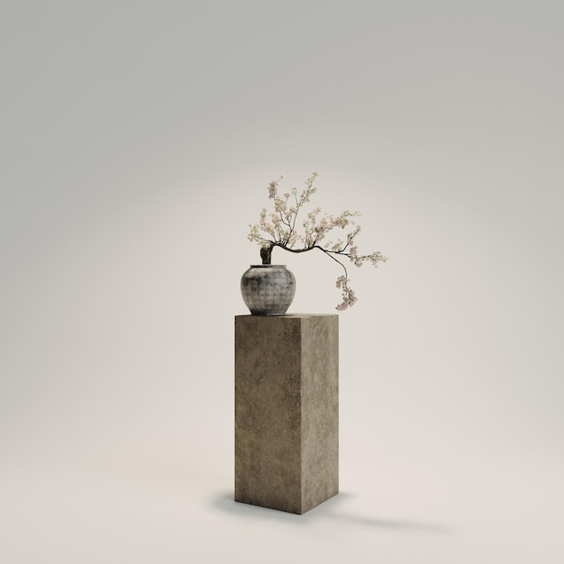 A vase with a flower on it is on a pedestal.