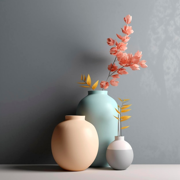 A vase with a flower on it is next to a vase with a vase with a vase with a plant on it.