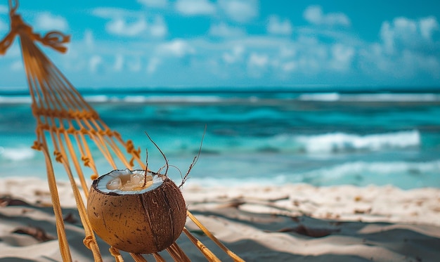 Photo a vase with a flower in it sits on a beach