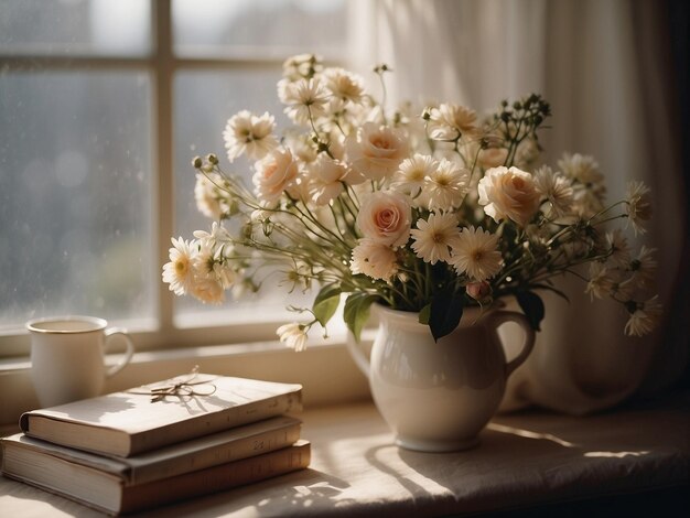 a vase with flowers and a book on the table