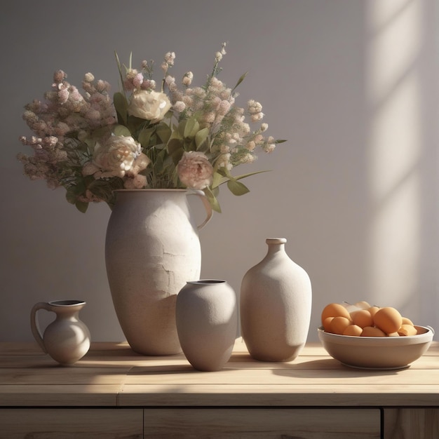 a vase with flowers and a bowl of eggs on a table