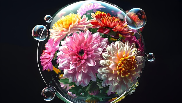 Photo a vase with flowers and bubbles in it