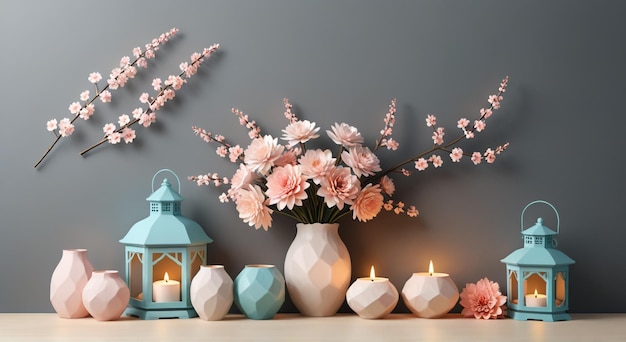 a vase with flowers and candles in front of a wall with a candle in it