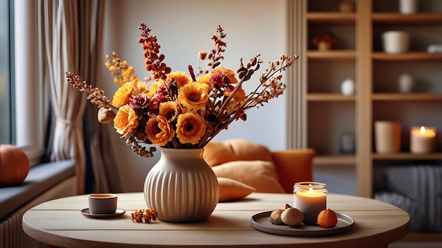 a vase with flowers and candles on a table