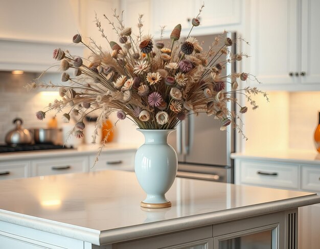 a vase with flowers on a counter with a white background