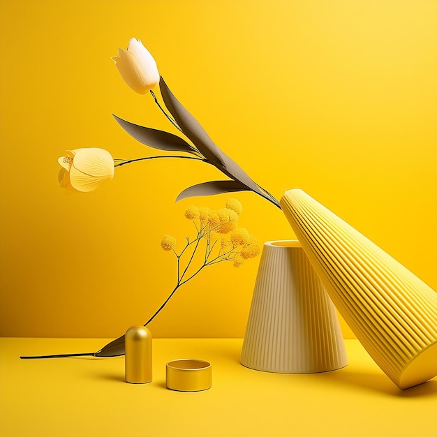 Vase with Flowers and Decor on Yellow Background