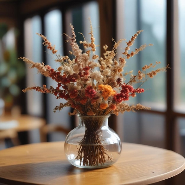 Photo a vase with flowers and grass on a table