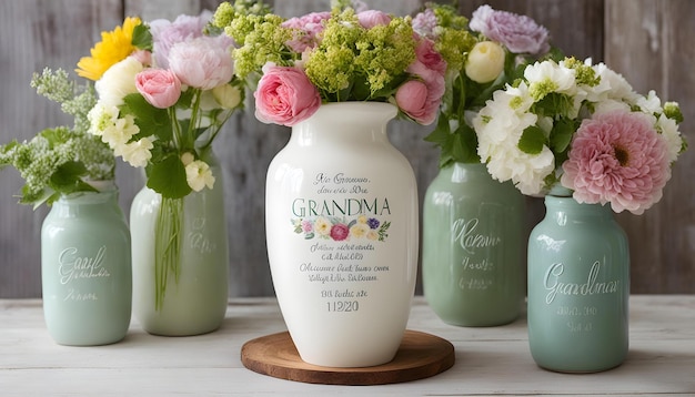 a vase with flowers on it is labeled grand grandmother