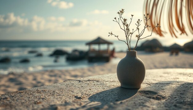 Photo a vase with flowers in it sits on a beach