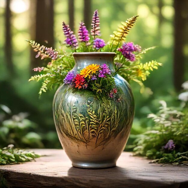 a vase with flowers on it sits on a table