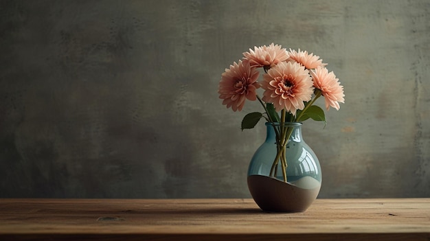 a vase with flowers in it sits on a wooden table