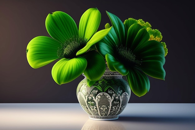 A vase with flowers in it that is painted green and white.