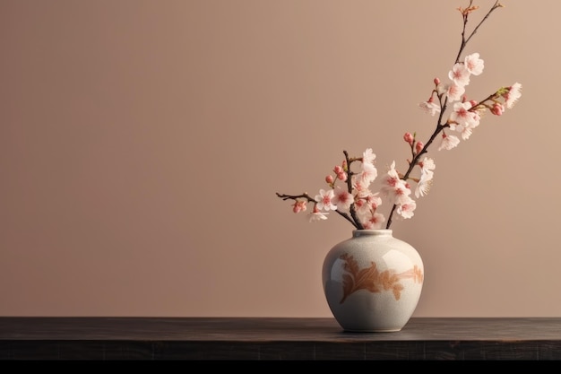 A vase with flowers in it that says " cherry blossom " on it.