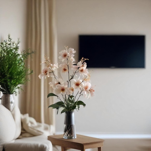 a vase with flowers in it and a tv on the wall behind it