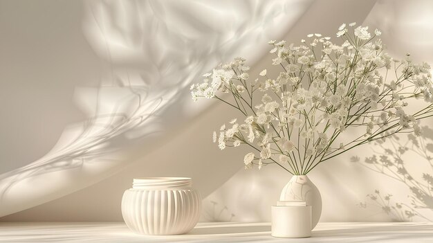 A vase with flowers in it next to a vase with flowers in it on a table with a white curtain vray