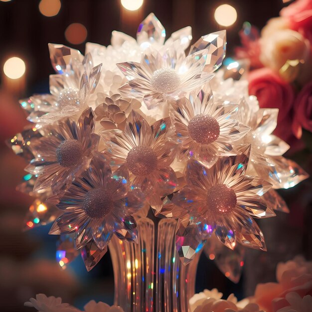 a vase with flowers and lights in the background and a christmas tree in the background