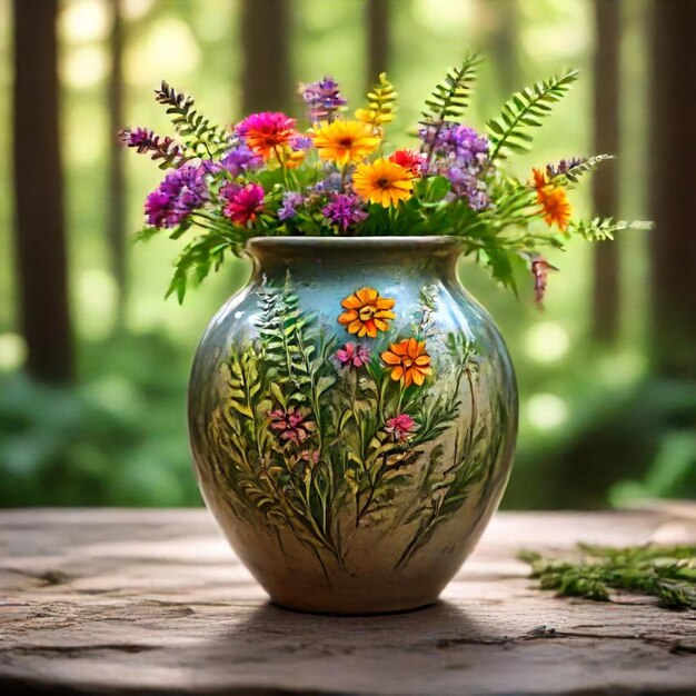 a vase with flowers painted on the side and the word  wild  on the bottom