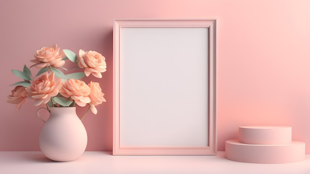 a vase with flowers and a picture frame on a table concept of joy and happiness