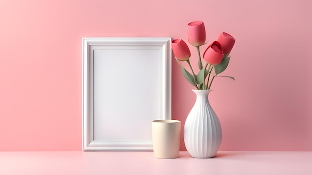 a vase with flowers and a picture frame on a table makeup cosmetic mockup