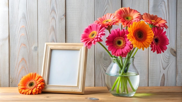 a vase with flowers and a picture frame on a table