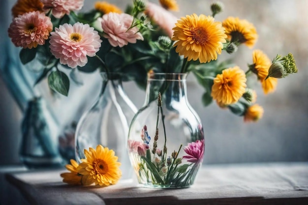 a vase with flowers and a pink flower in it