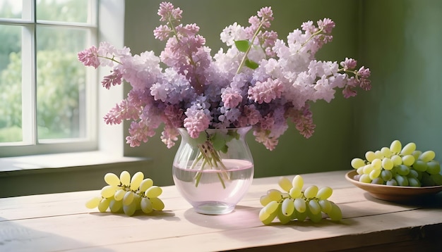 a vase with flowers placed on a table indoors with some grapes