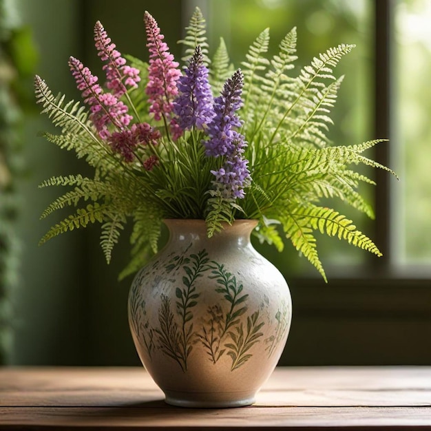 a vase with flowers and plants on a table