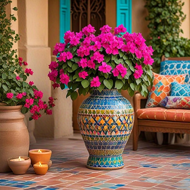 a vase with flowers and a pot of flowers on the floor