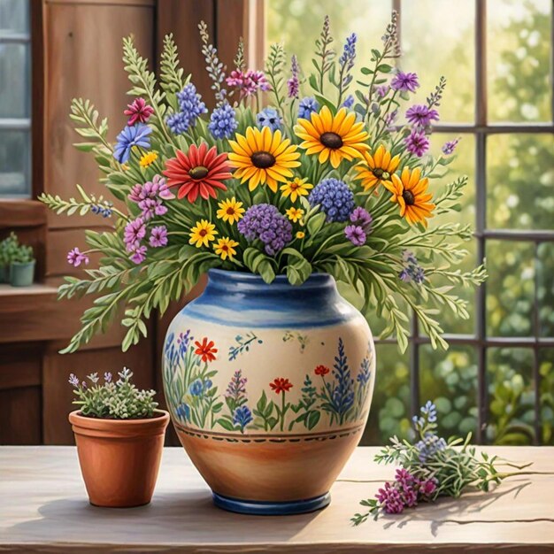 a vase with flowers and a pot with a flower on it